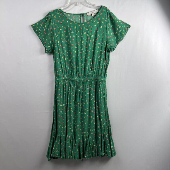Loft Dress Floral Cap Sleeve Ruffled Hem Drawstring Elastic Waist Size S Green - Picture 1 of 8